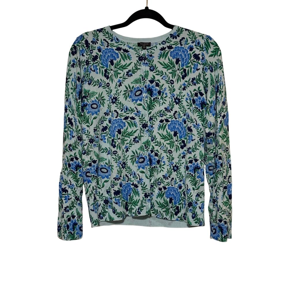 Talbots Petite LP Floral Botanical Cardigan Blue Green Cotton Blend NWT